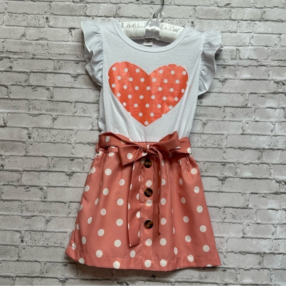 SHEIN Toddler Size 4Y Heart Polka Dot Dress Cap Sleeves Ruffles Belt Buttons